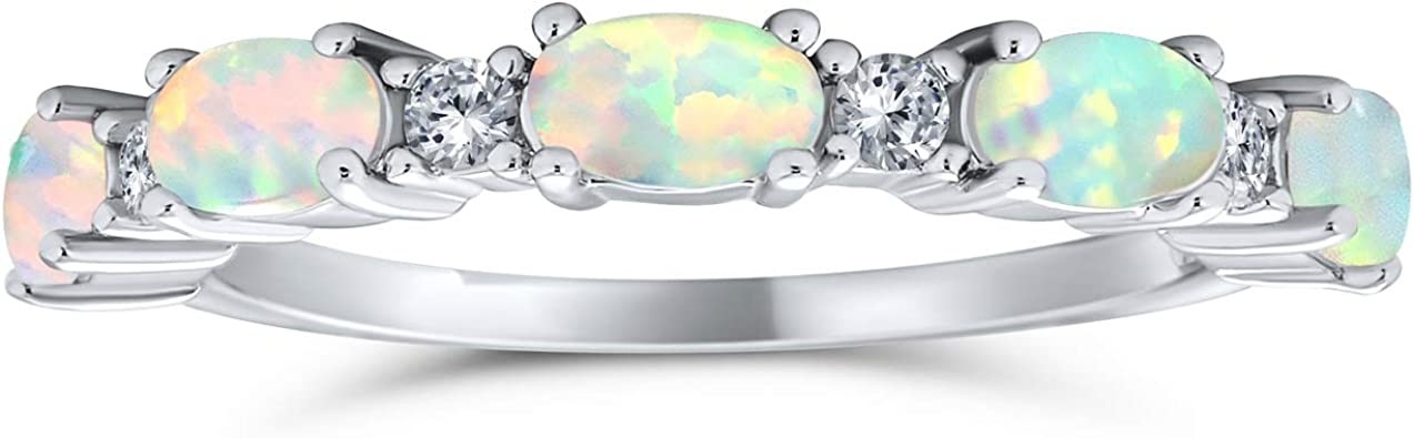Thin CZ Accent Stackable 1/2 Eternity Oval Blue Pink Created Opal Band Ring For Women