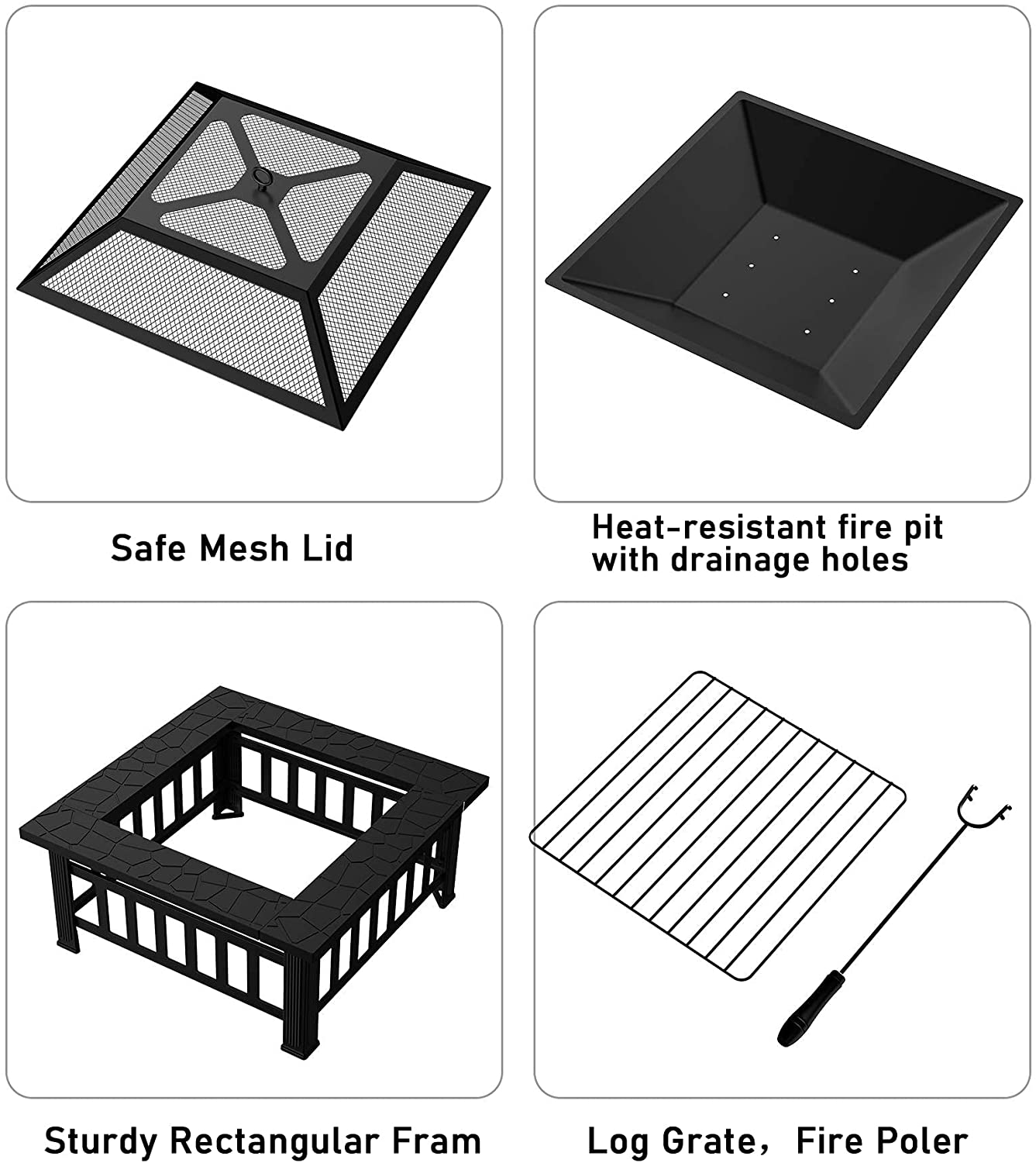 Outdoor Heating Square Fire Pit 32 Inch for Patio Backyard Garden High Satisfaction
