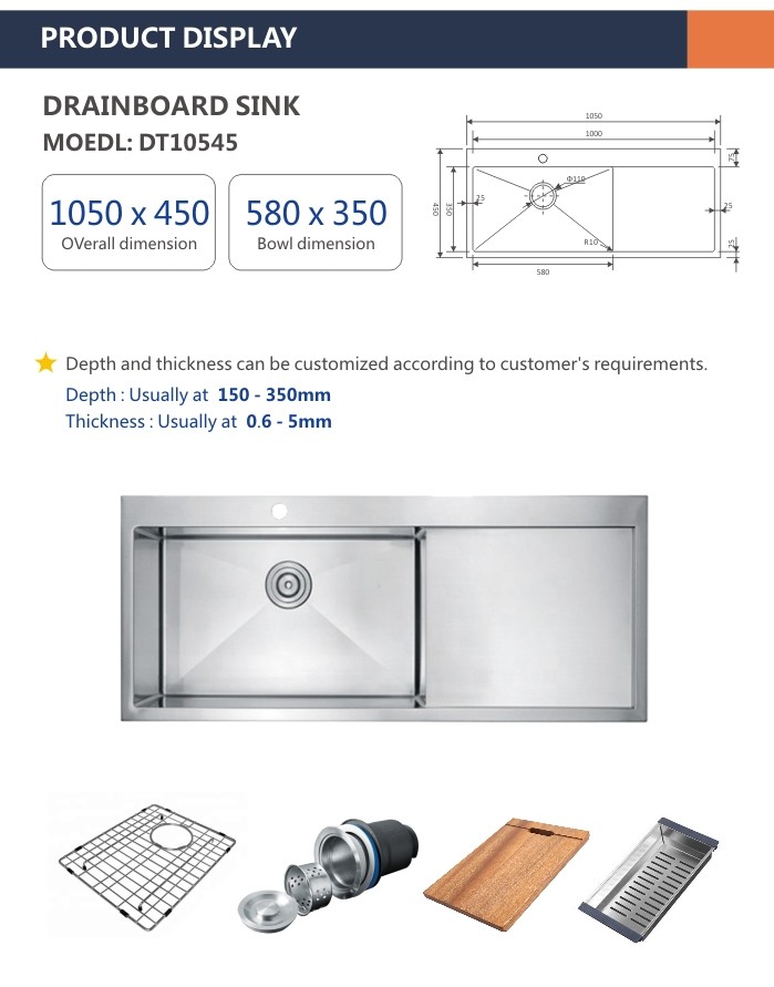42' Undermount Drainboard Kitchen Sink Single Bowl 105x45