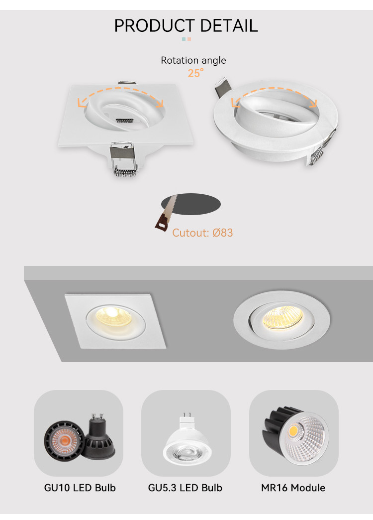 Renewable Material GU10 Downlight Housing Square Tilted MR16 Downlight Housing
