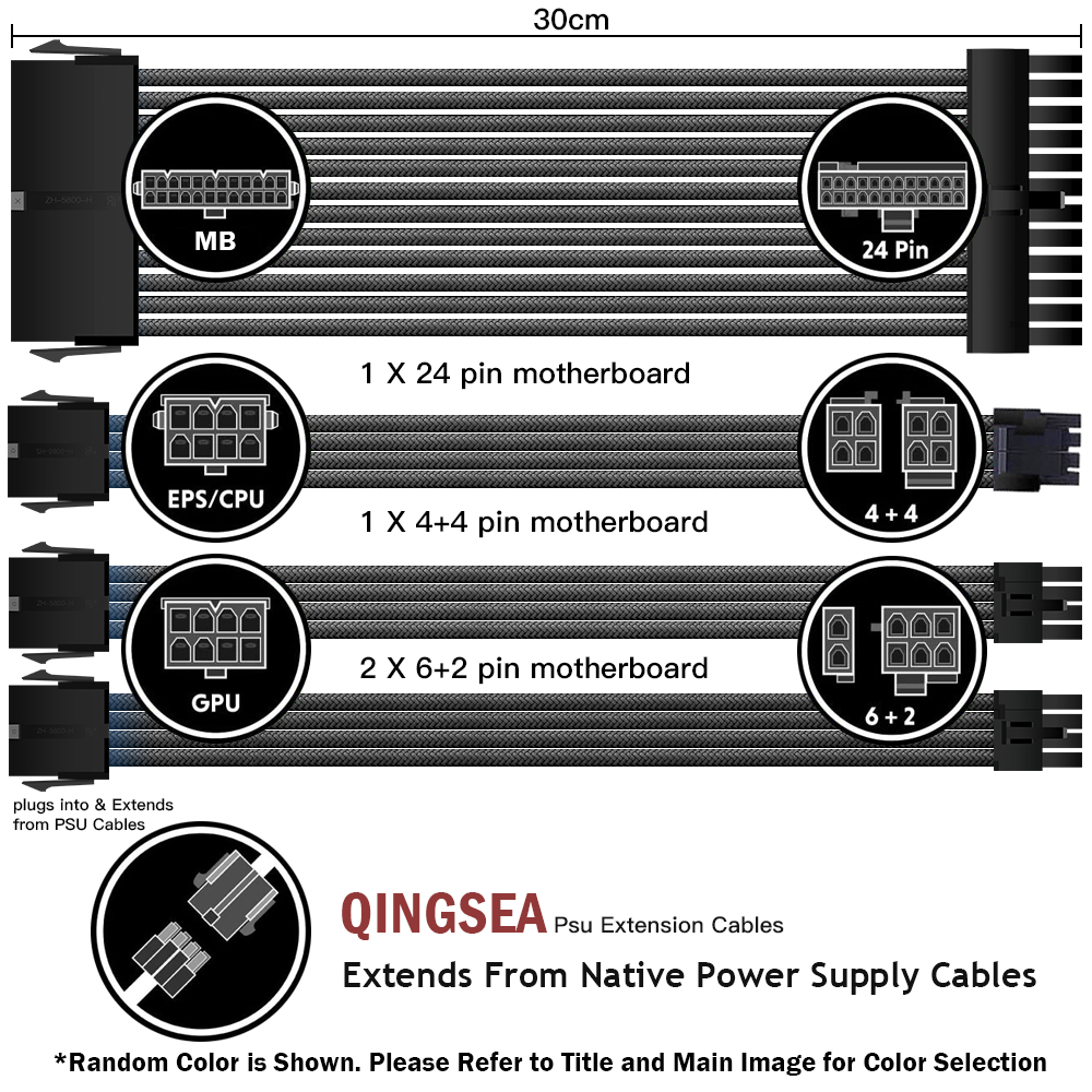 Sleeved Cables PSU Extension Kit 18AWG 30cm ATX 24P,CPU4+4P,PCI-E 6+2P,PCI-E 6P For ATX Power Supply Cable