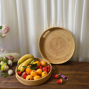 Multifunction Hand Woven Rattan Round Serving Tray Serving Basket With Cut