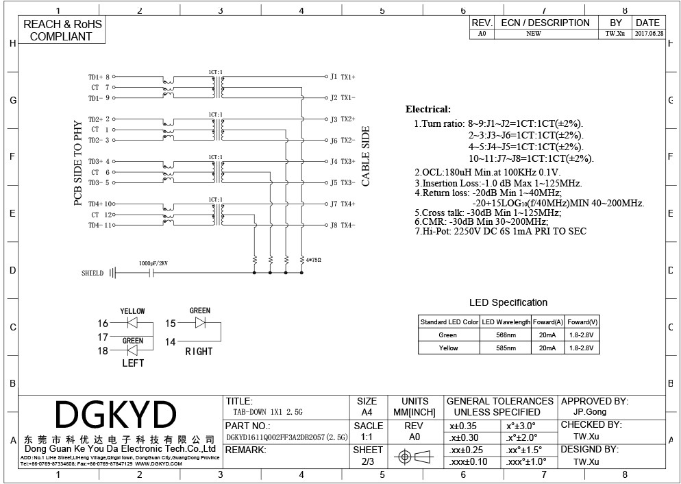 Metal Shielded 2.5G TAB DOWN 23.88mm RJ45 Ethernet Connector