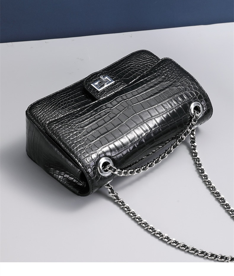 Authentic Crocodile Belly Skin Women Purse Genuine Alligator Leather Lady Flap Bag Silver Chain Female Shoulder Bag