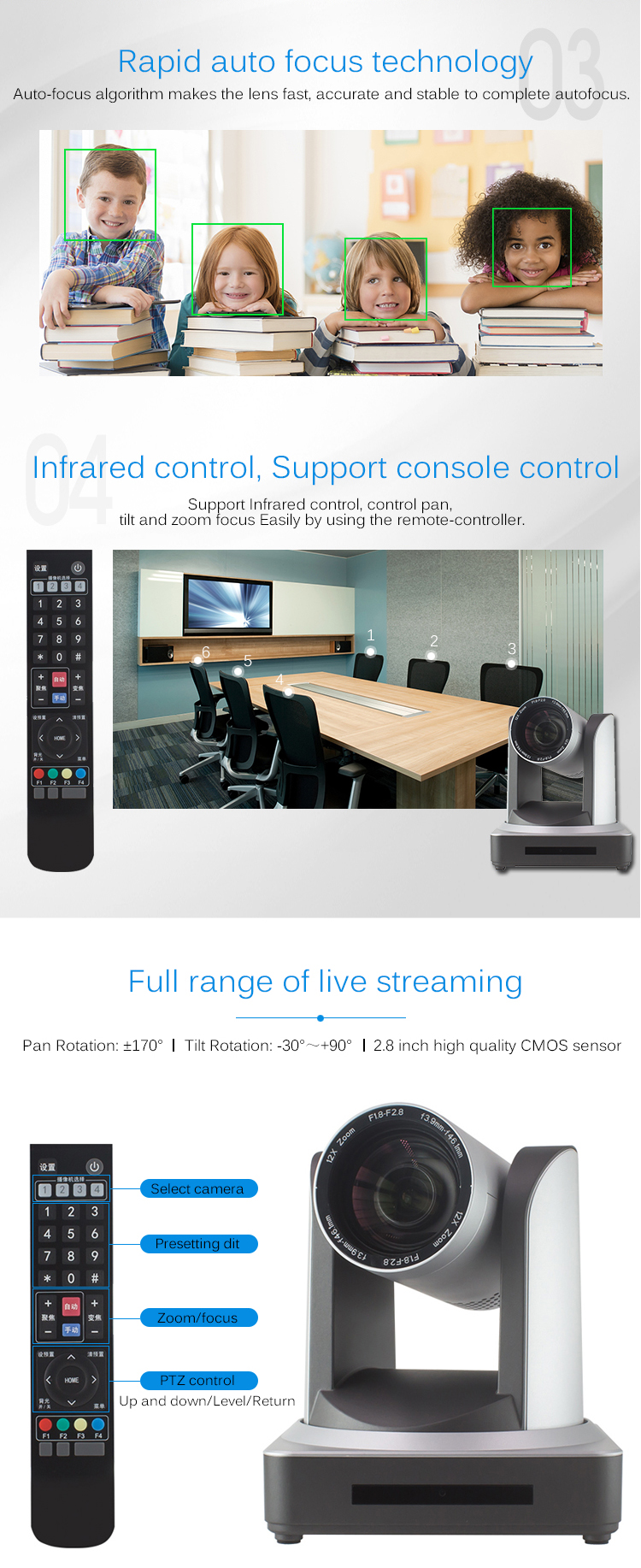 12x Zoom 1080P PTZ Video Camera for Video Conference System in Classroom Lecture Church