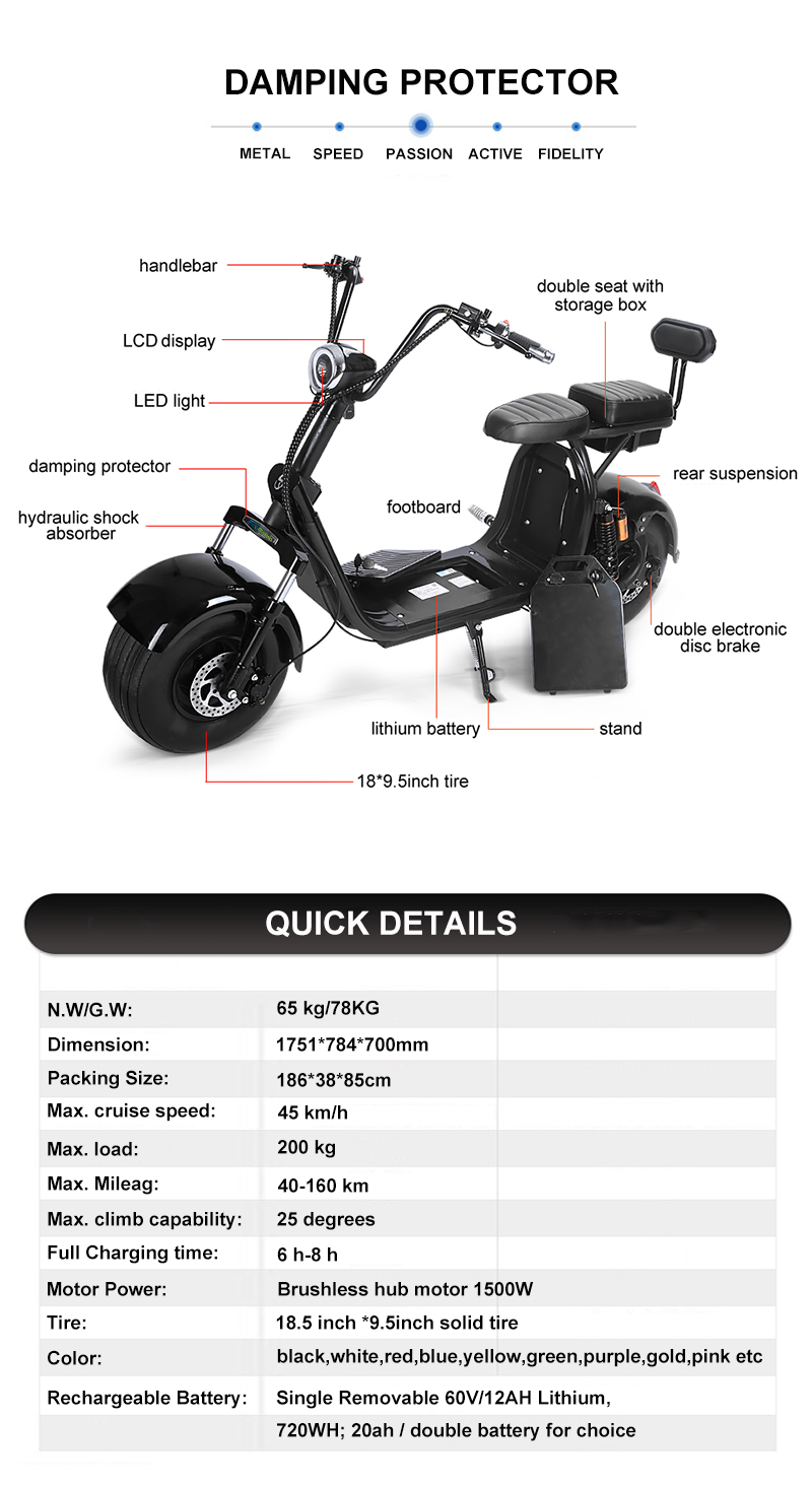 1500w Electric Citycoco Lithium Battery Electric Scooter Vin Number Fat Two Wheels