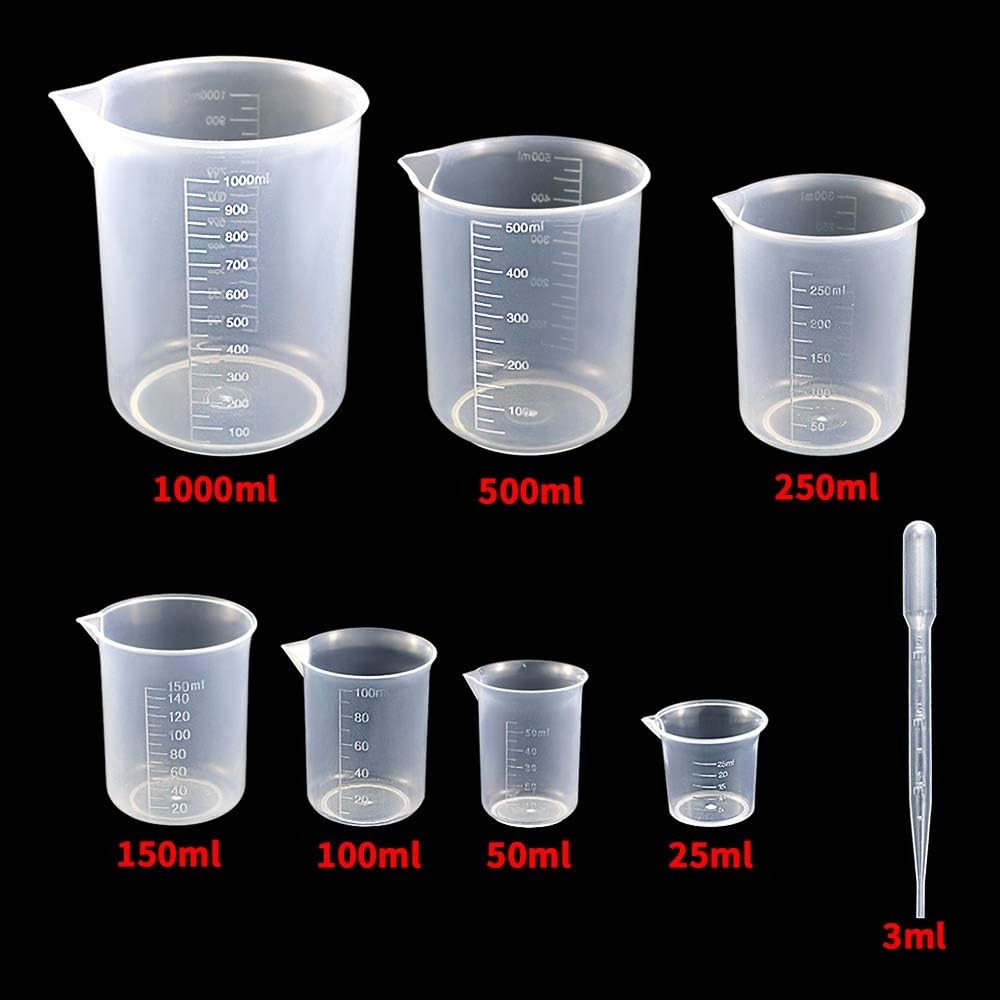 Plastic Beaker Set,Clear Measuring Graduated Liquid Container Beakers In 25ml/50ml/100ml/150ml/250ml/500ml/1000ml