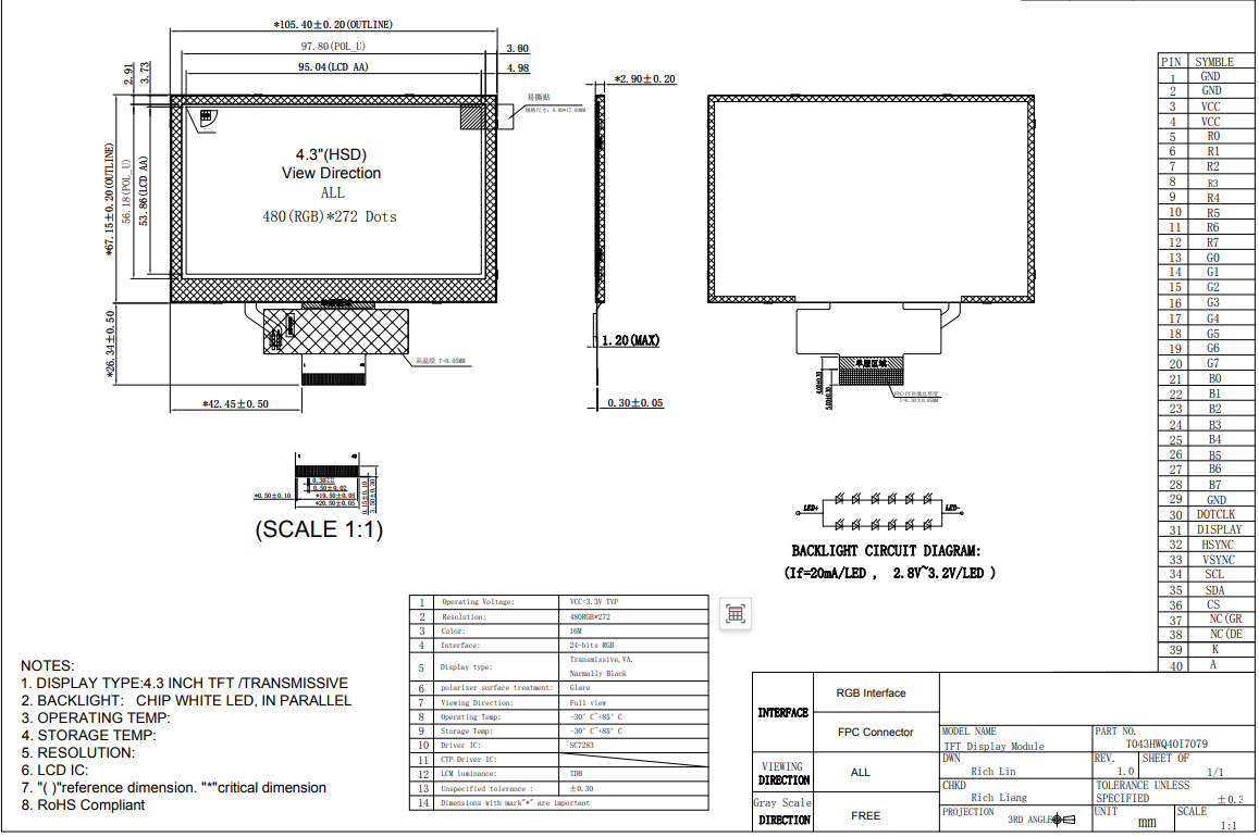 4.3 Inch Display 480×272 RGB Wide Temperature LCD Screen TFT LCD Module