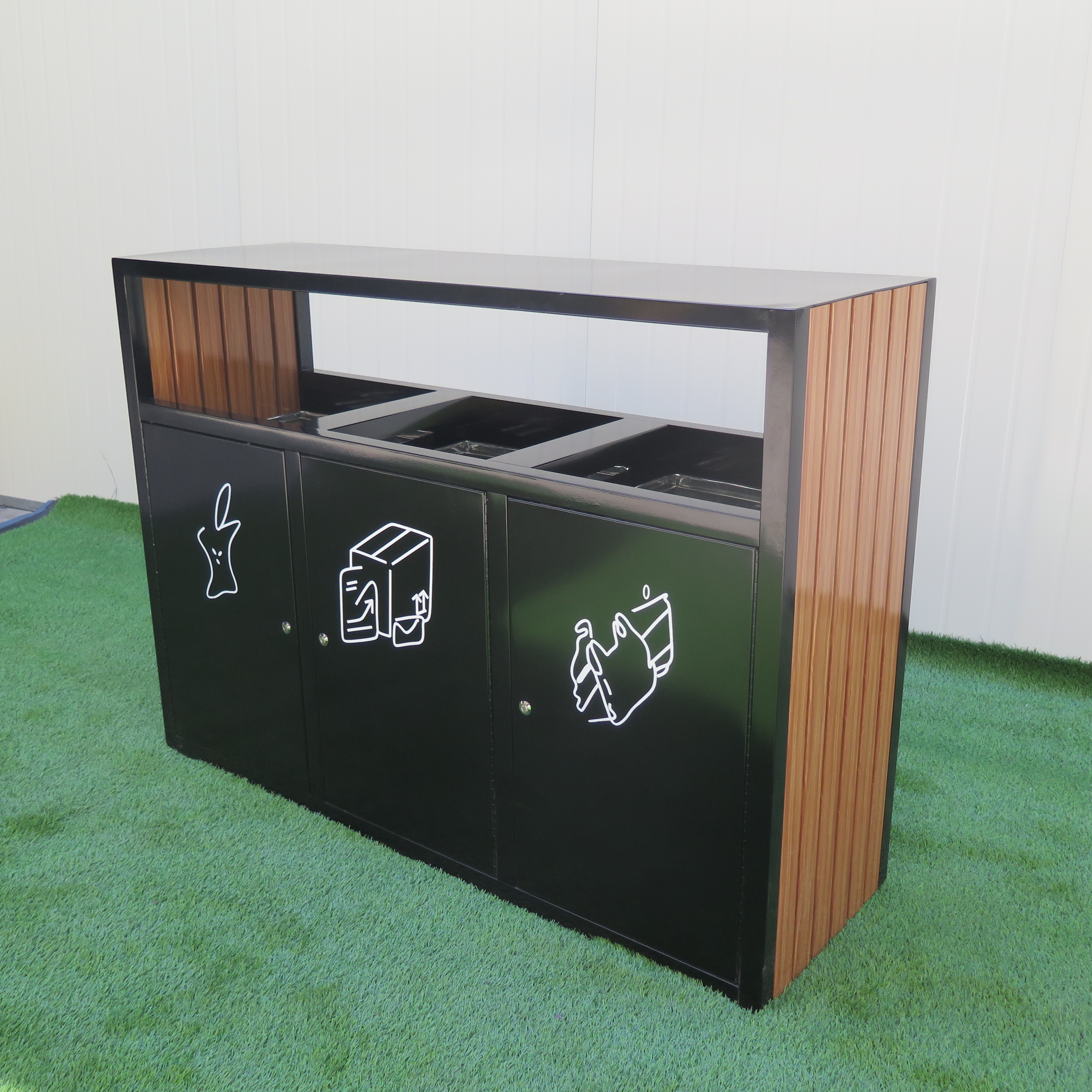 3 Compartment Recycling Bin Pation Furniture Outdoor Metal Wood Waste bin Supplier Steel Trash Can Wholesale