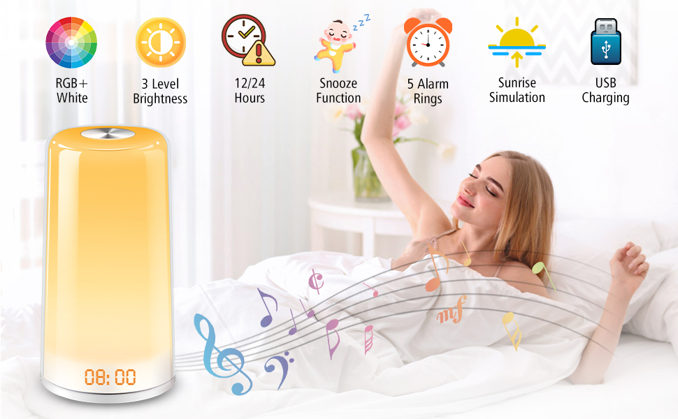 Sounds Adjustable 256RGB Color Silentnight Sunrise Sunset Alarm Clock Touch Control