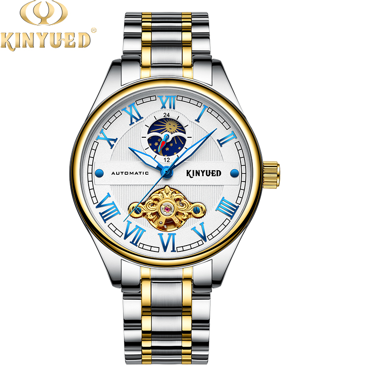 Brand KINYUED automatic skeleton watch gold dial moon phase tourbillon mens automatic watch
