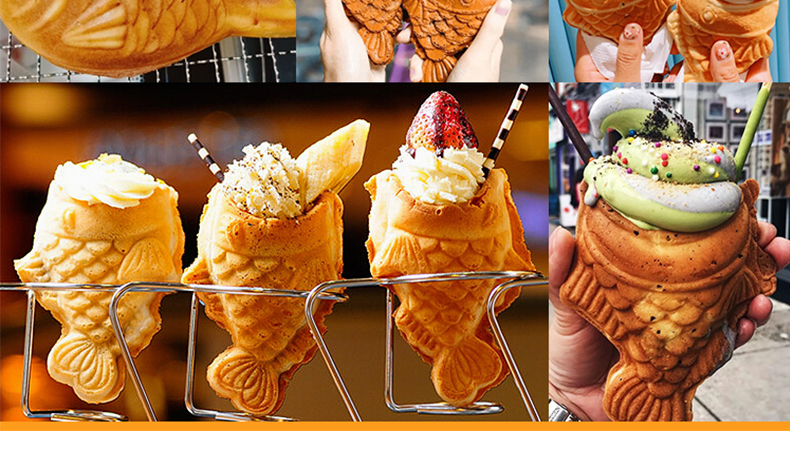 Electric Japanese Snack Machine for 5pcs Taiyaki Fish Waffle Maker and Ice Cream Cone