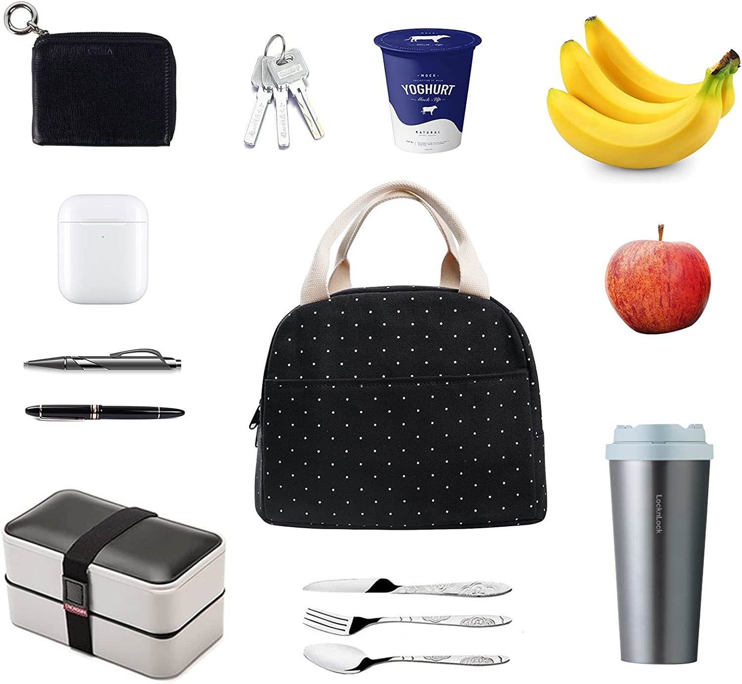 Girls Women Storage Dot Black Lunch Tote Bag Shockproof For Work School