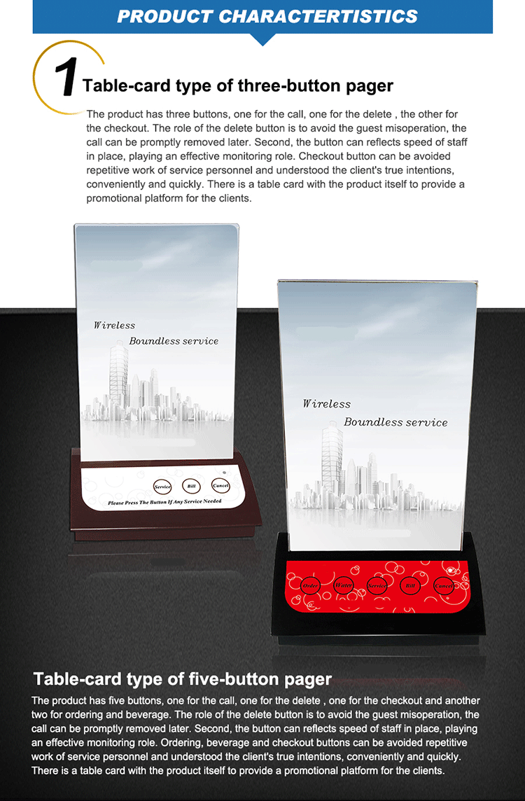 restaurant wireless calling system with 5 table callers for guest and 1 display receiver for waiter