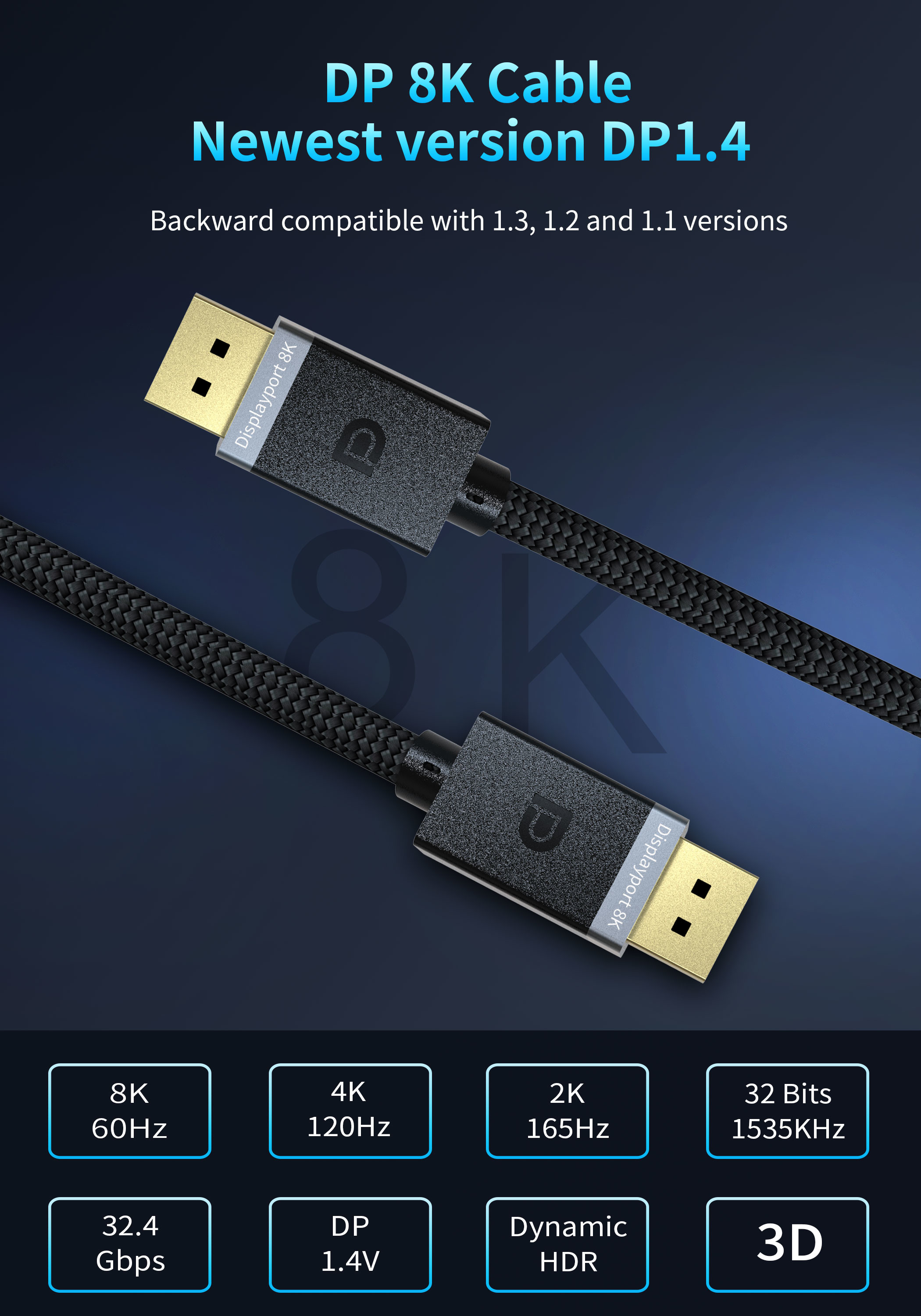 1.2 144Hz Gold Plated 8K Displayport Cable DP1.4 VESA Certified HBR3 DSC