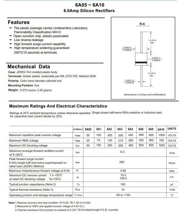 General Purpose Rectifiers Diode 6A 6A05 Thru 6A10 R-6 Package