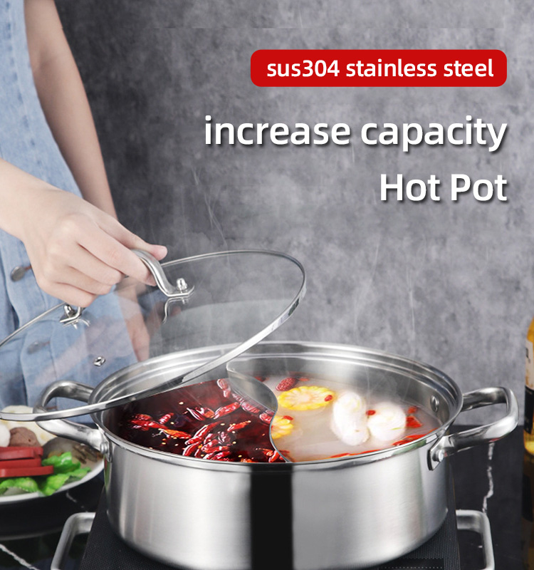 High Quality 18/8 Stainless Steel Pot Weldless Hot Pot Two-flavor Soup Pot Induction Cookware With Glass Lid