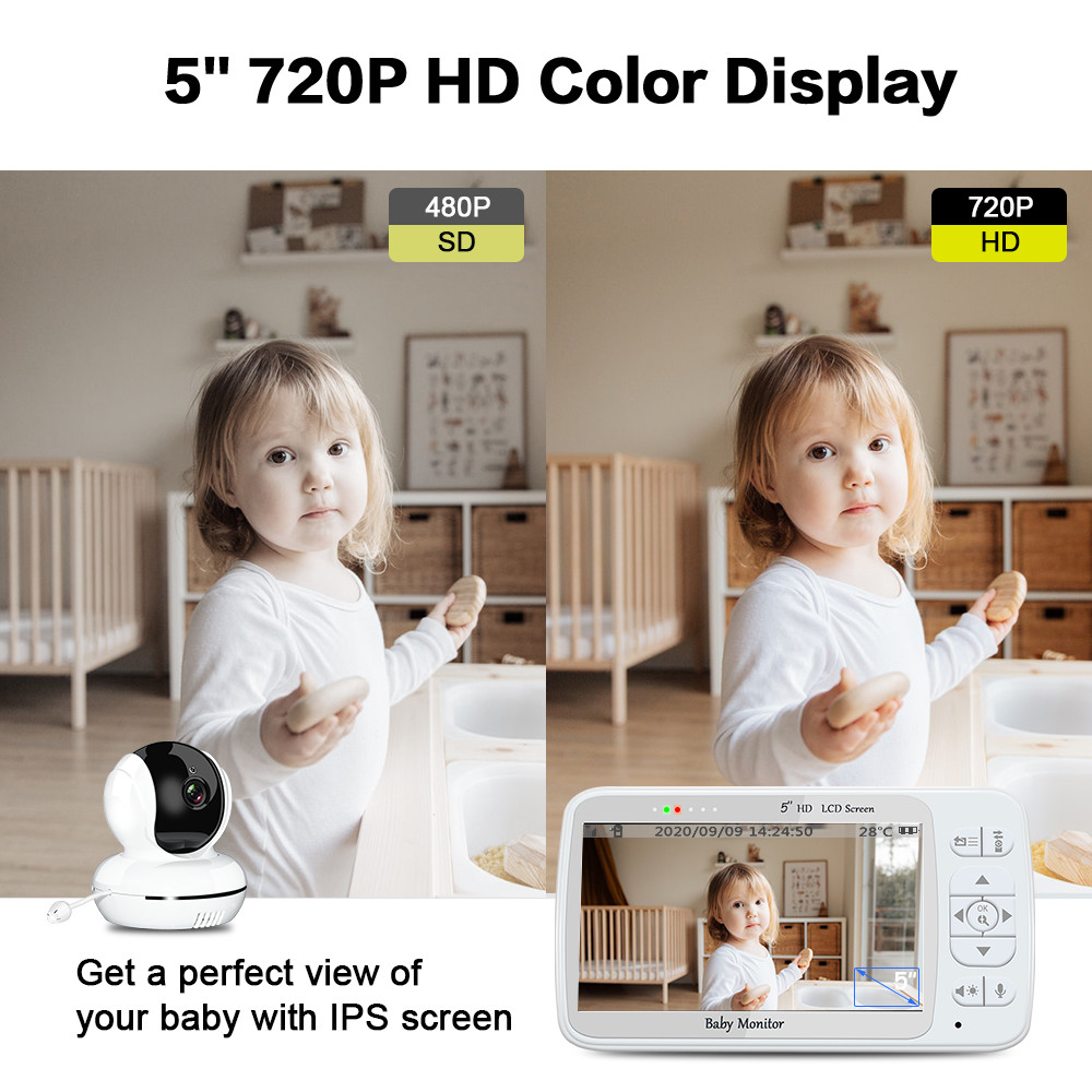 Voice Control Wireless Baby Monitor Two Way Speaker High Resolution 5inch Display