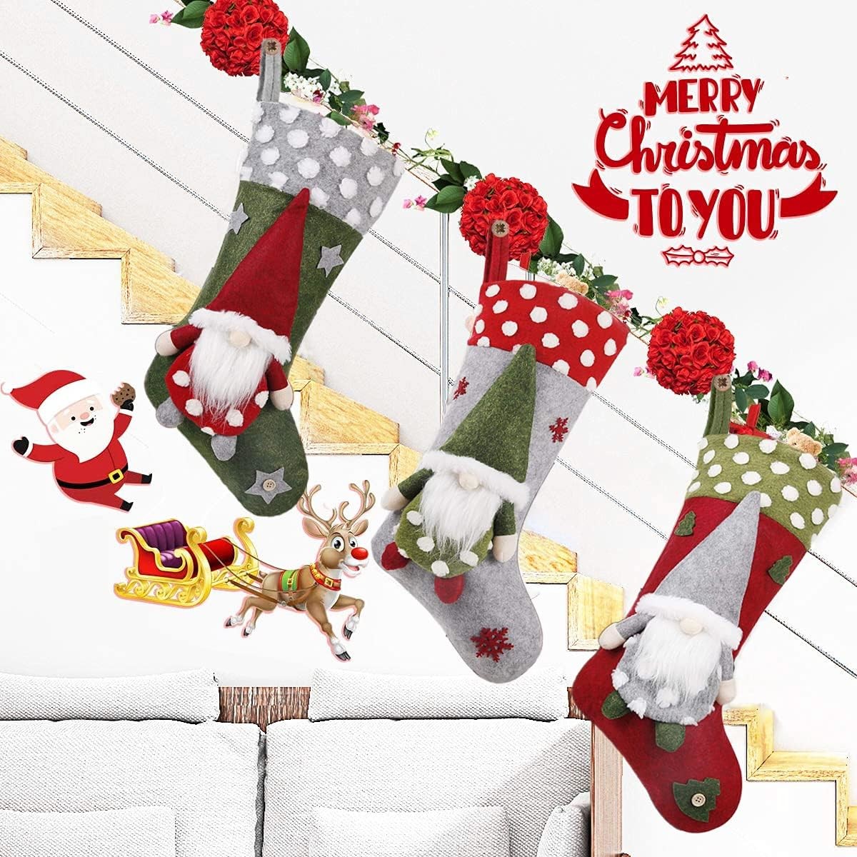 Stocking 3 Pack, 19 Inch 3D Gnomes Santa Christmas Beauty Cleansing Brush Facial Scrub Christmas stocking