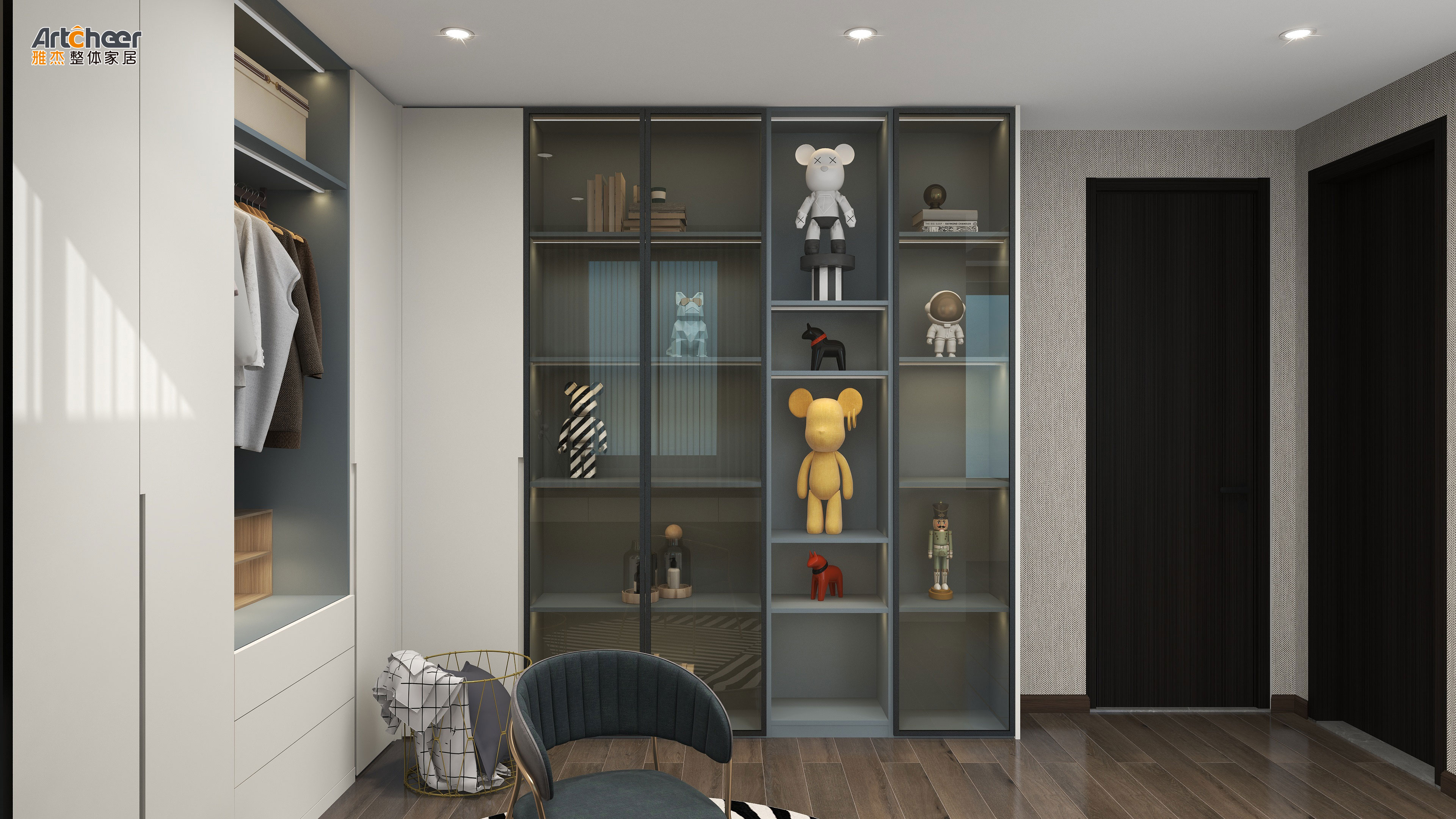Customized Wooden Clothes Hinge Door Wardrobe with LED Closet Modern Bedroom
