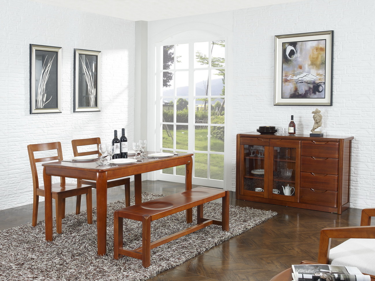Nanmu solid wood Dining room furniture 1.35m flexible Round table and Chairs Tall wine cabinet with buffet