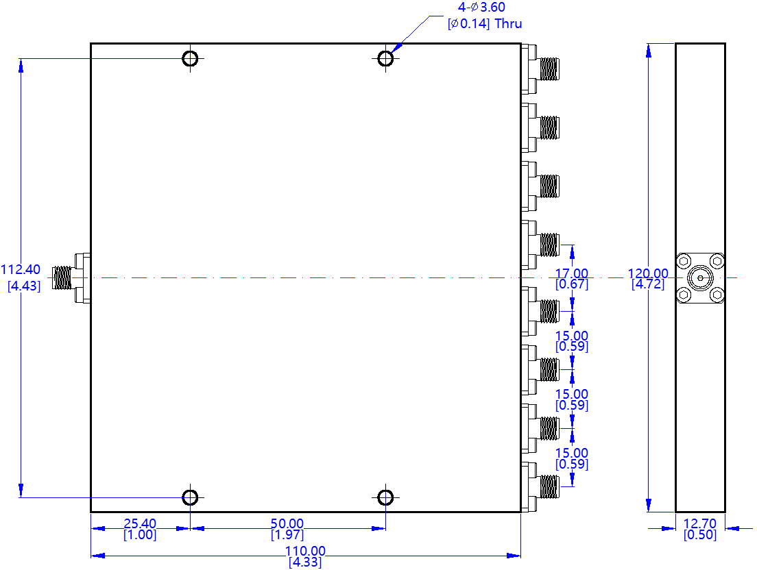 1 to 26.5 GHz 20 Watt LT-PD Series 8-Way Power Divider
