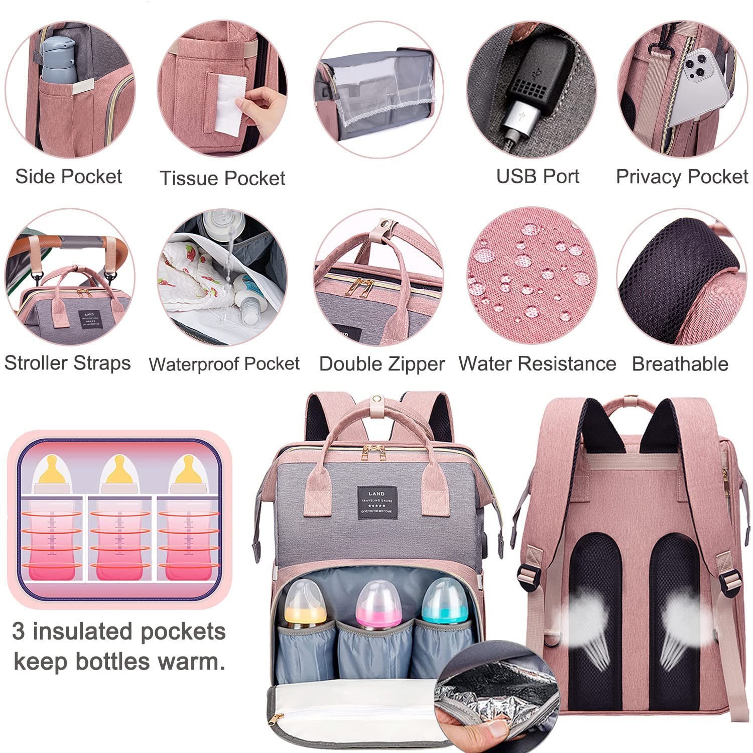 Custom Mummy Maternity Baby Diaper Bag Large Capacity Travel Backpack With Changing