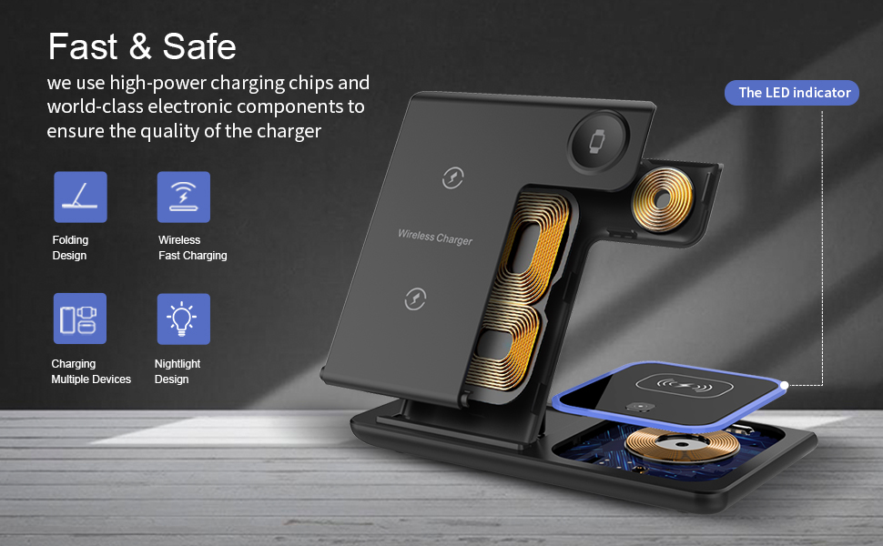 3 in 1 Mobile Phone Fast Charging Magnetic Wireless Charger Foldable and Portable Output 5W/7.5W/10W/15W Protection