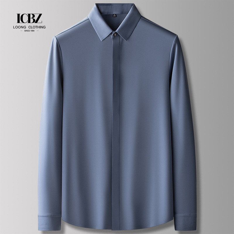 LCBZ Custom Logo Luxury Striped Silk Men's Shirt Covered Button Closure for Winter