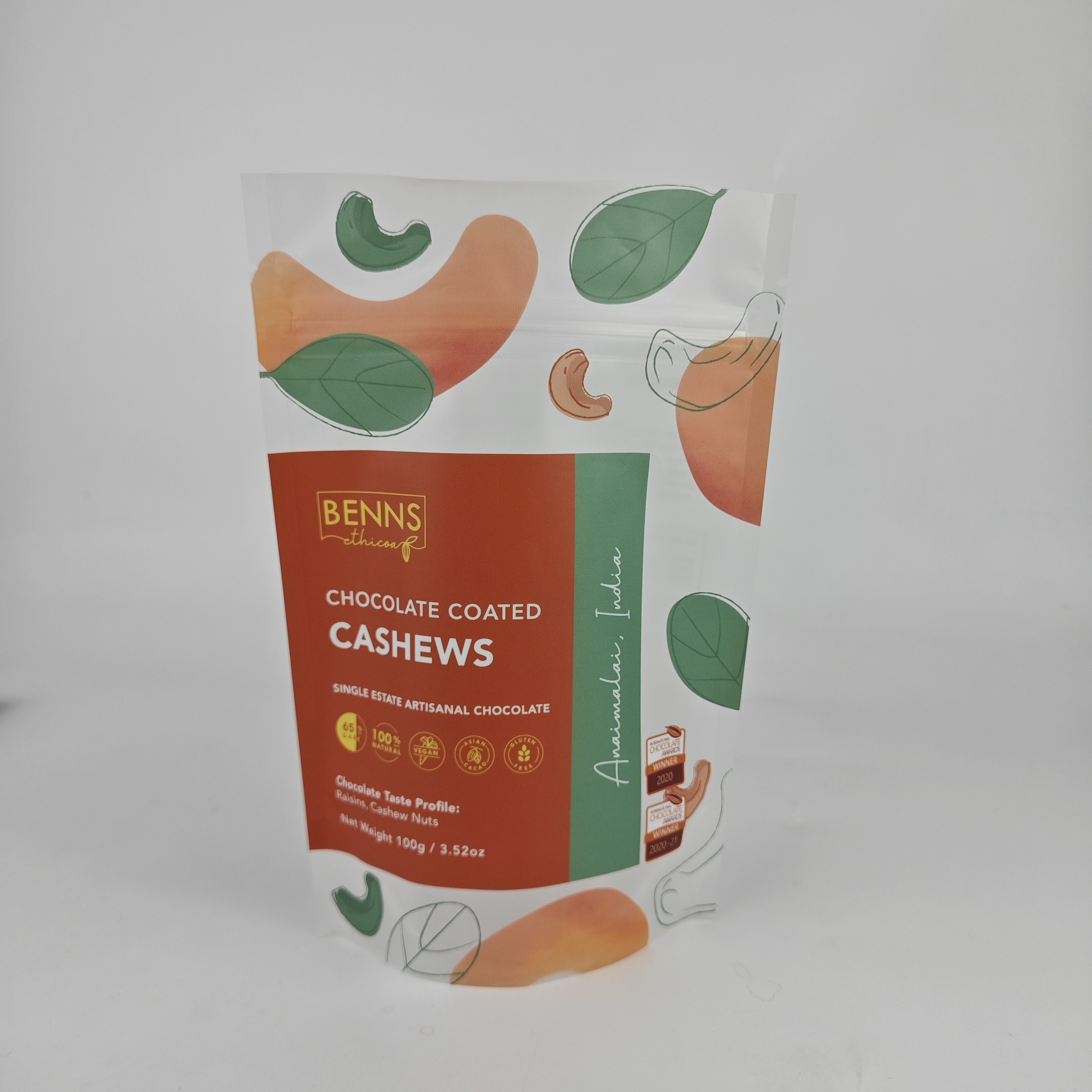 Custom Printed 100g 3.52oz Chocolate Coated Cashew Resealable Matte Finish Snack Food Packaging Bag