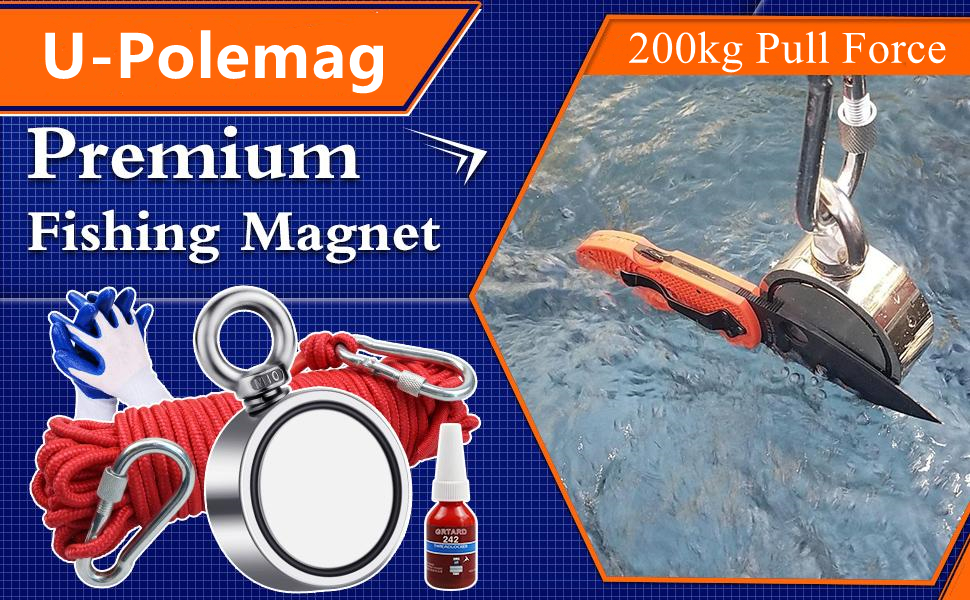 D75mm 200 kg Pull Force Double Sided Round Strong Magnetic Fishing Kit Salvage Magnet with Hook