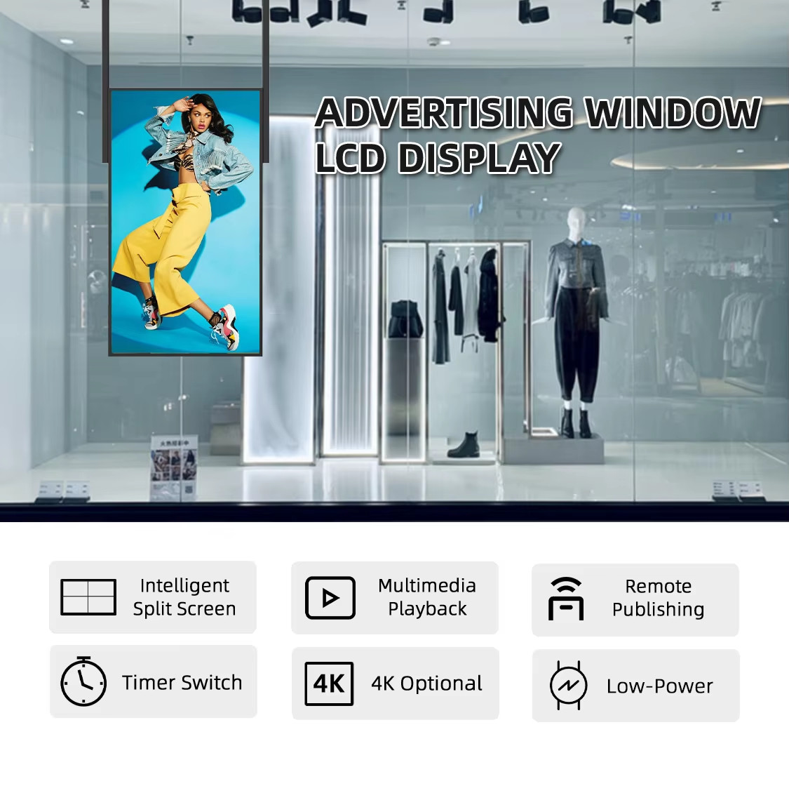 High Brightness Hanging Shop Window LCD Advertising Screen with Double Sided Display and Ultra-Thin Bezel