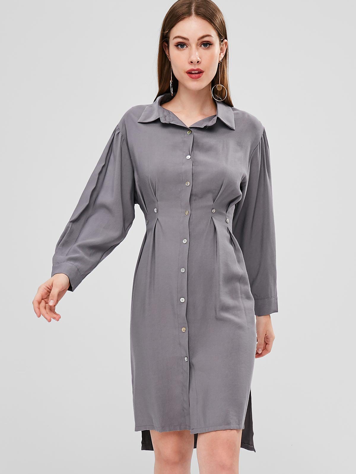 Fall Clothing Womens Midi Double Slit Shirt Dress Long Sleeve