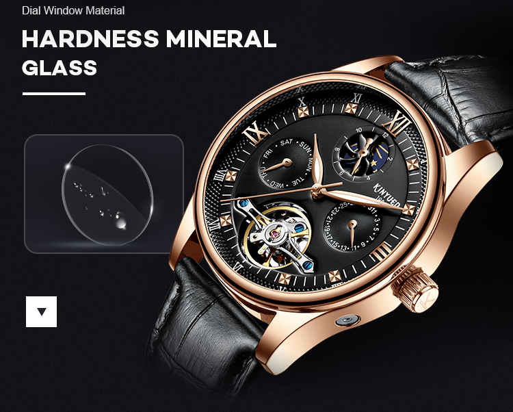 KINYUED genuine leather tourbillon mens automatic watch men moon phase watch men wristwatch