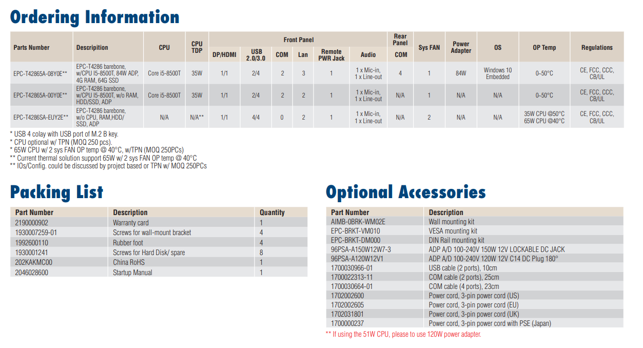 Advantech Embedded PCs EPC-T4000 SeriesEPC-T42865A-00Y0E ,price favorable Ready to Ship