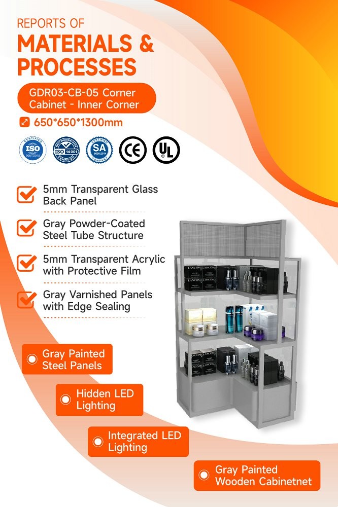 GDR03-CB-05 Inner Corner Cabinet with LED Strip Lights and Transparent Tempered Glass for Fashion Boutiques