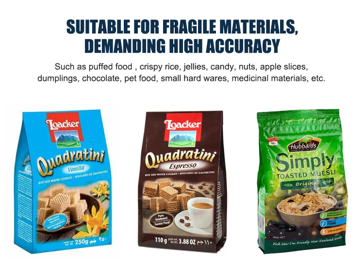 Commercial Food Shrink Wad Auto Filling Sealing Machine For Puffed Food Crispy Rice Candy Nuts