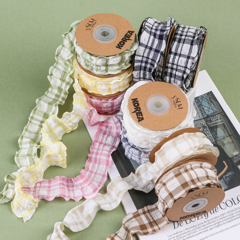 Korea Lattice Blue And White Gingham Ribbon 38mm Polyester Pink Tartan Ribbon