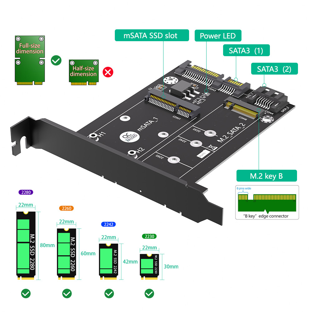 2 In 1 MSATA / M.2 NGFF SSD To Dual SATA3 Converter Adapter Card With Full Height Profile Bracket