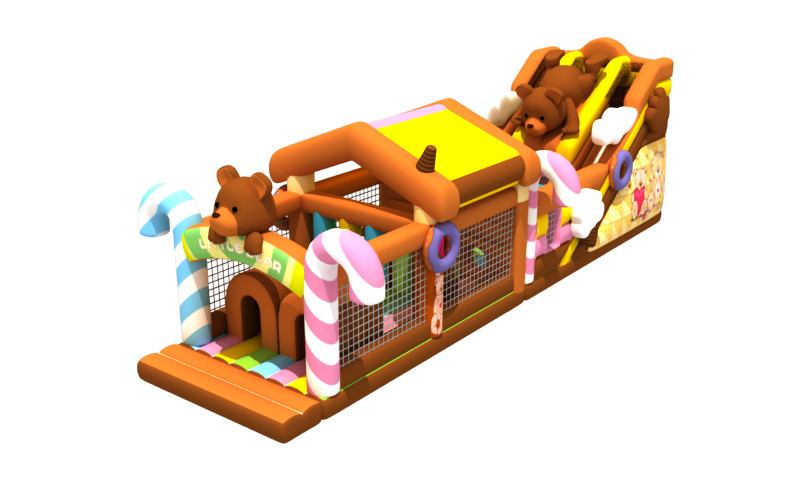Giant Custom Candy and Brown Bear Outdoor Inflatable Obstacle Course Games with Double Slides