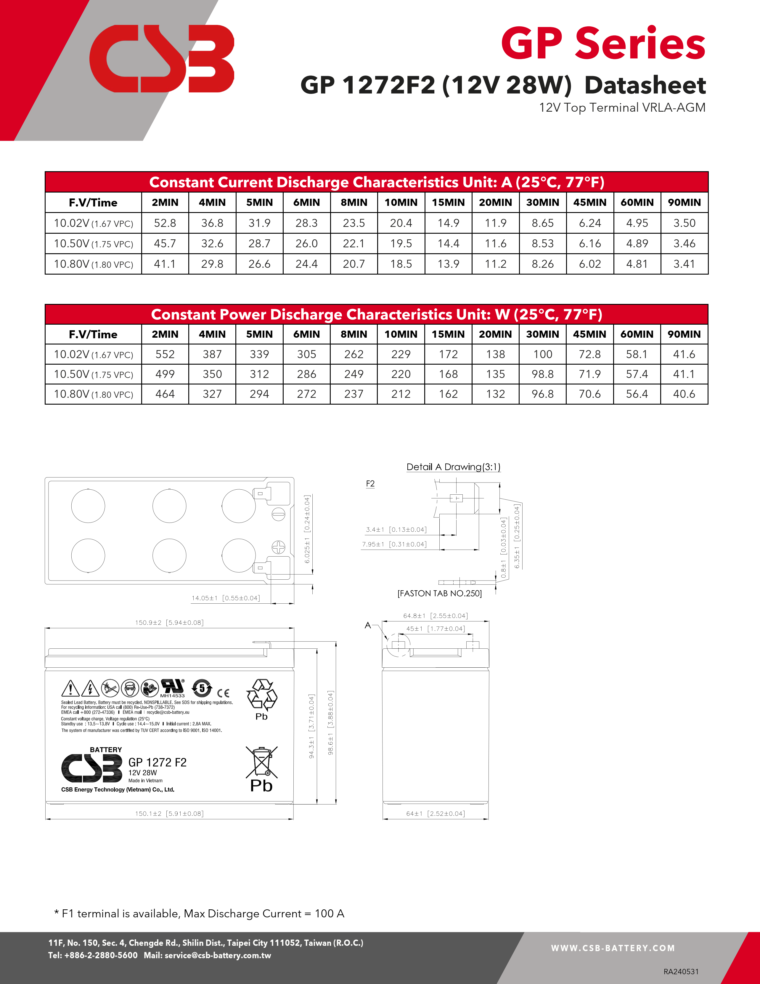 CSB GP1272 F2 12V 28W Maintenance-Free Valve Regulated Lead Acid Battery