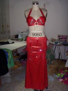 2 pcs Red Halter Neck Metallic Floor Length Bras & Skirt Belly Dancing Clothes