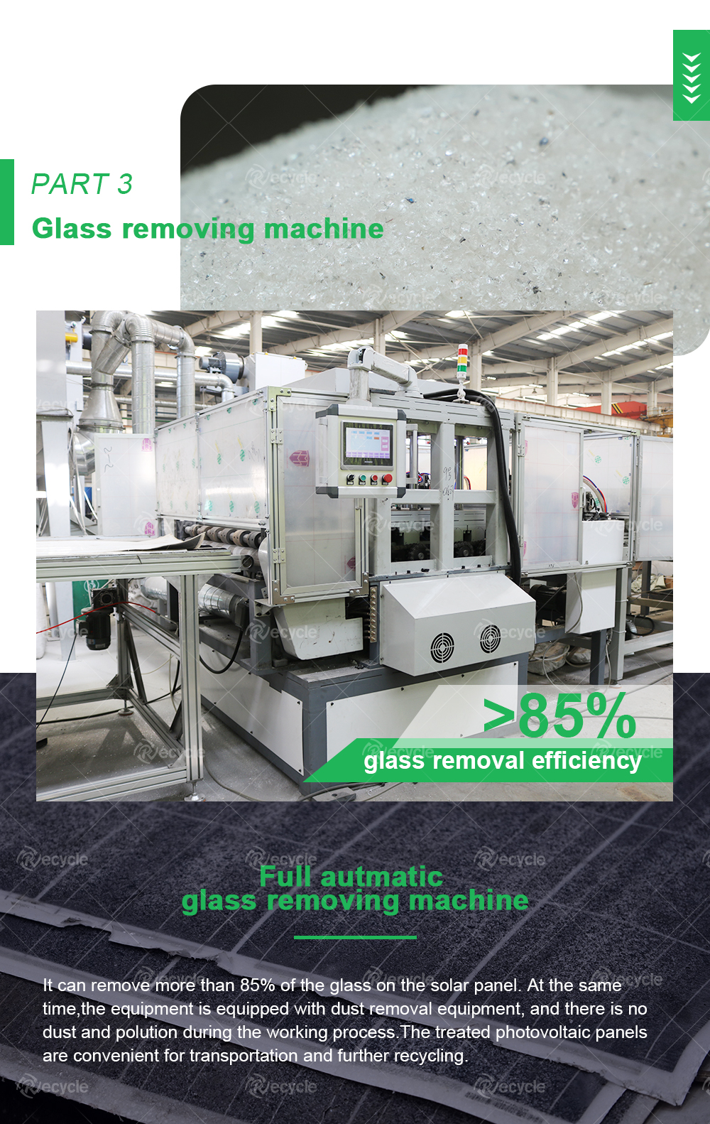 High Recovery Rate Solar Panels Photocell Recycling Equipment 100% Recycling Solution