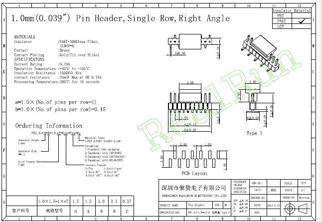 0.75A SMT Pin Header 10P PCB Single Row CAP PA6T Right Angle Connector