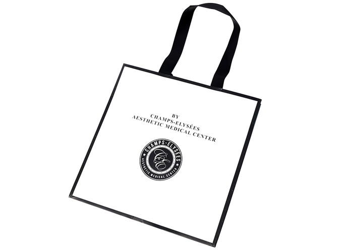 White Black Ribbon Custom Logo Printed Bags , Personalized Shopping Bags For Business