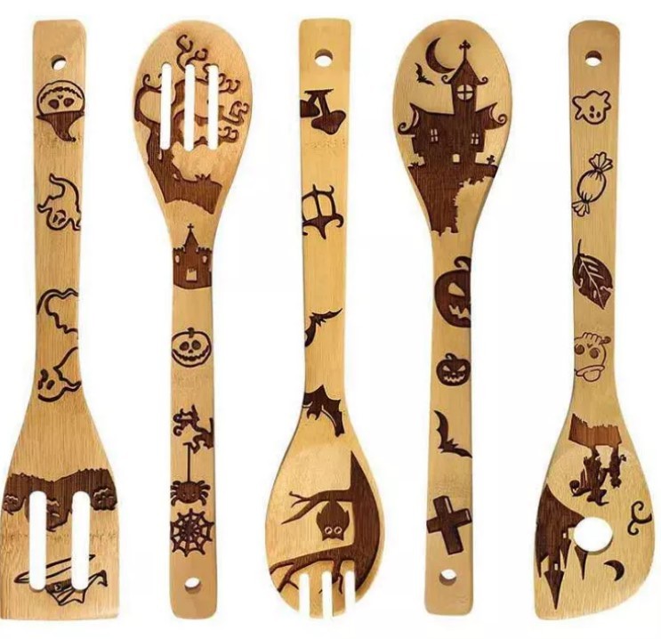 Halloween Christmas Bamboo Kitchen Utensils Laser Engraved Bamboo Cutlery Set