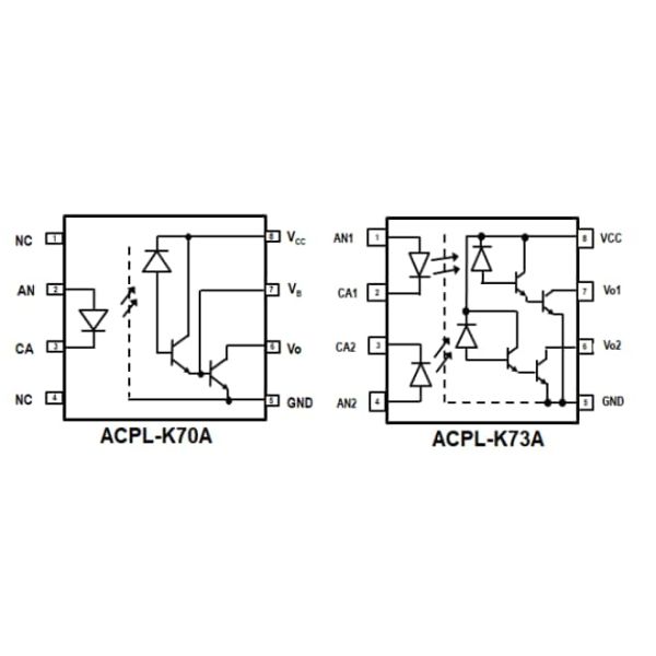 Block Diagram - Broadcom ACPL-K70A/K73A High-Speed Optocouplers ACPL-K73A-560E High Speed Optocouplers With Base Output 5000Vrms 2 Channel 8-SO Stretched