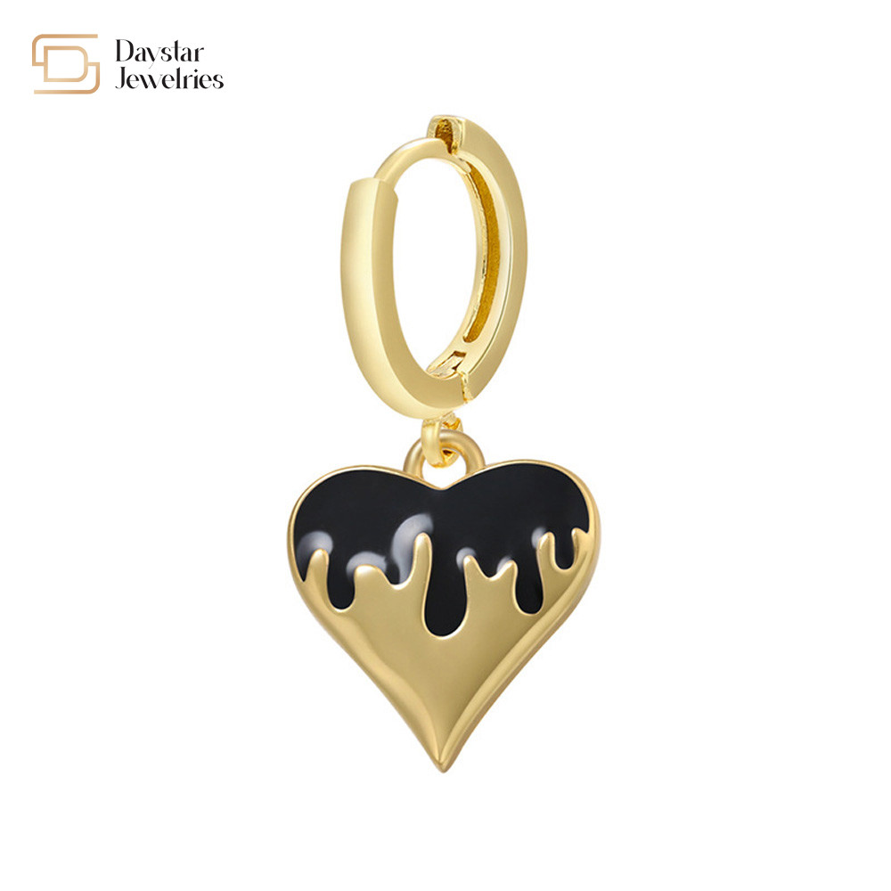 Women 14k Gold Plated Drop Earrings , Colorful Enamel Heart Pendant Hoop Earrings