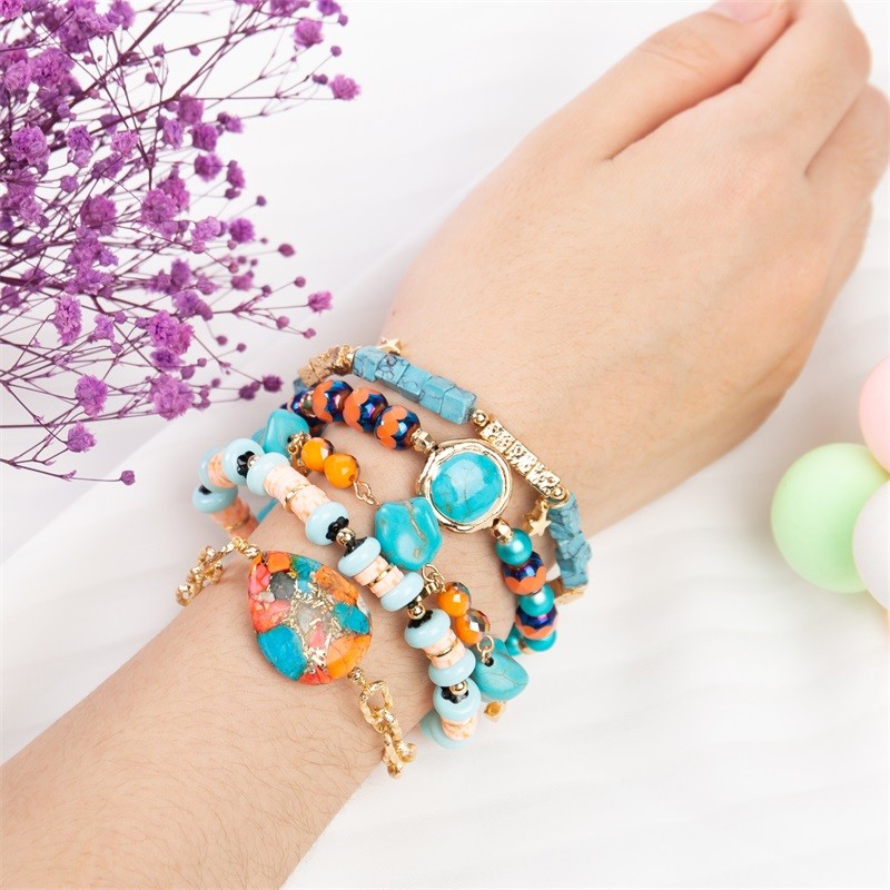 Square Blue Turquoise Bracelets Customized With Gold Plated Hematite Beads