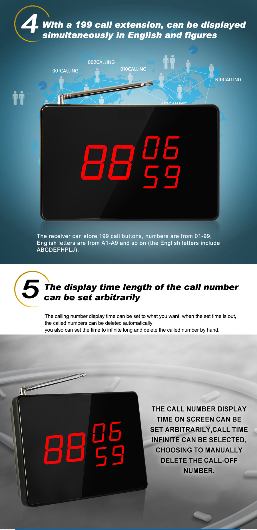 433.92Mhz restaurant wireless table service calling system 3 keys button and display paging system